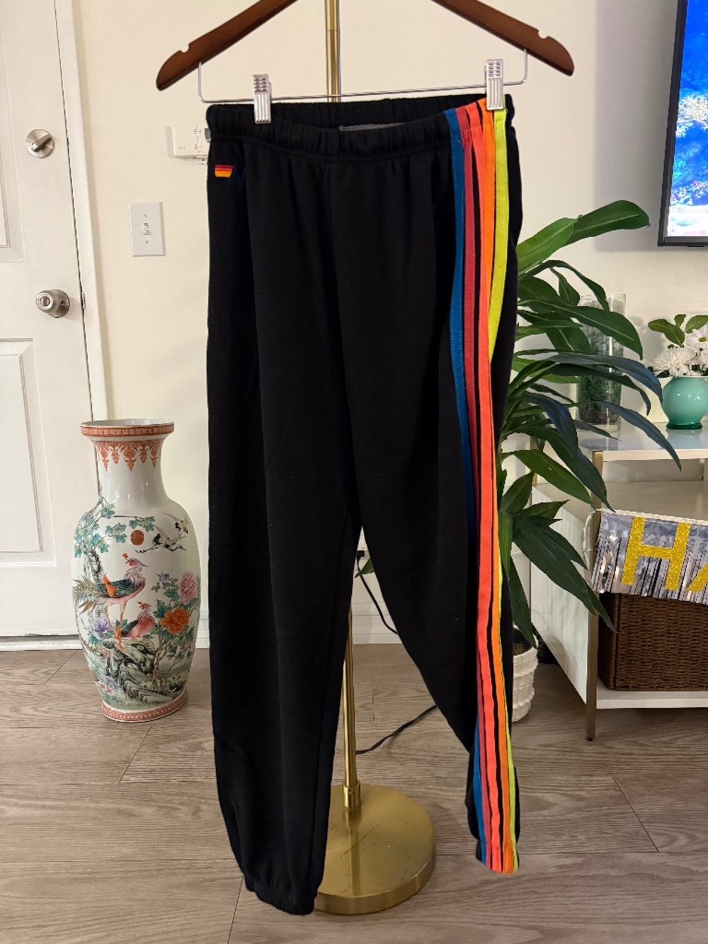Aviator Nation 5 Stripe Sweatpants | Black Rainbow | Women's Small